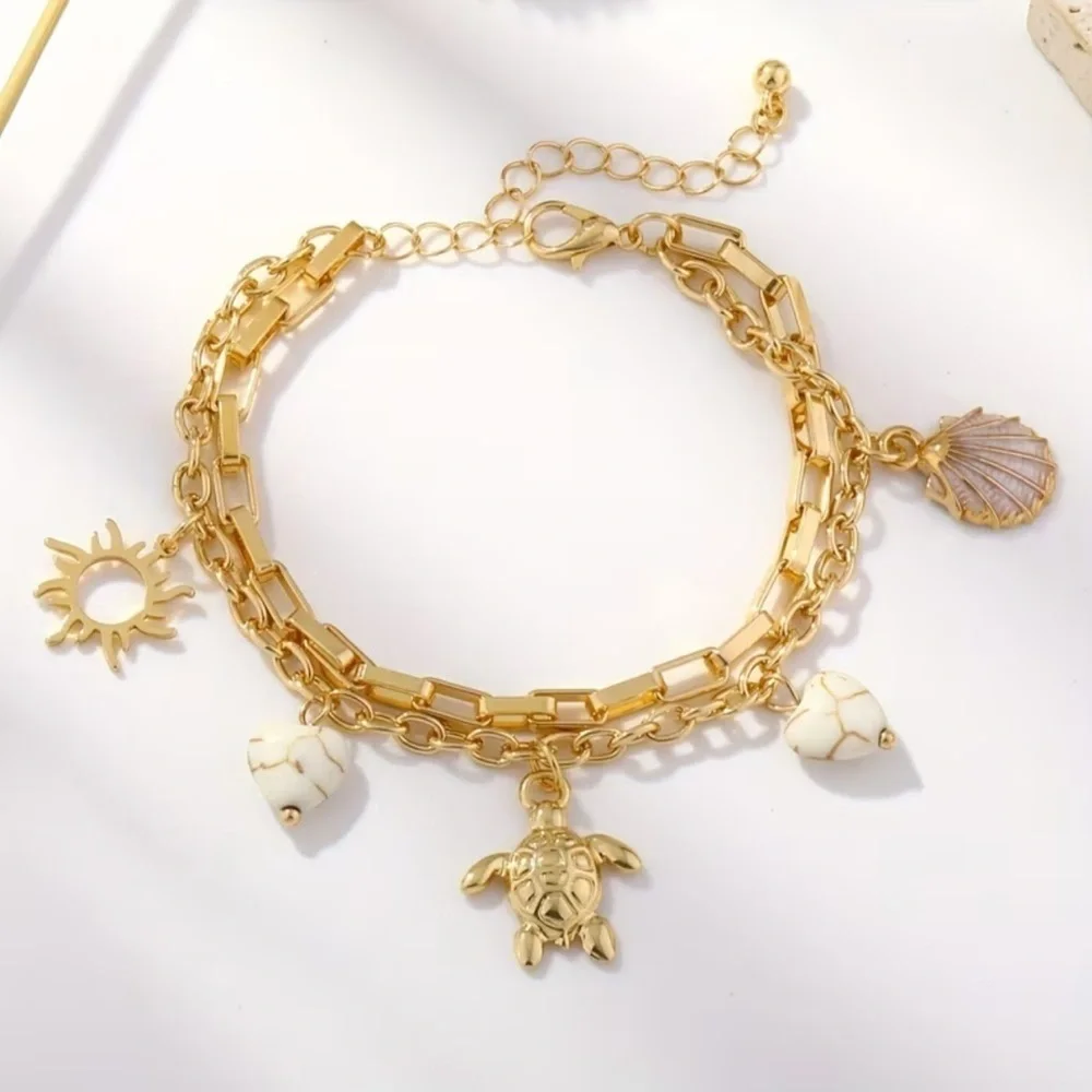 NEW Gold Charm Bracelet with Turtle and Shell Accents 🌊☀️🐢 A4-150